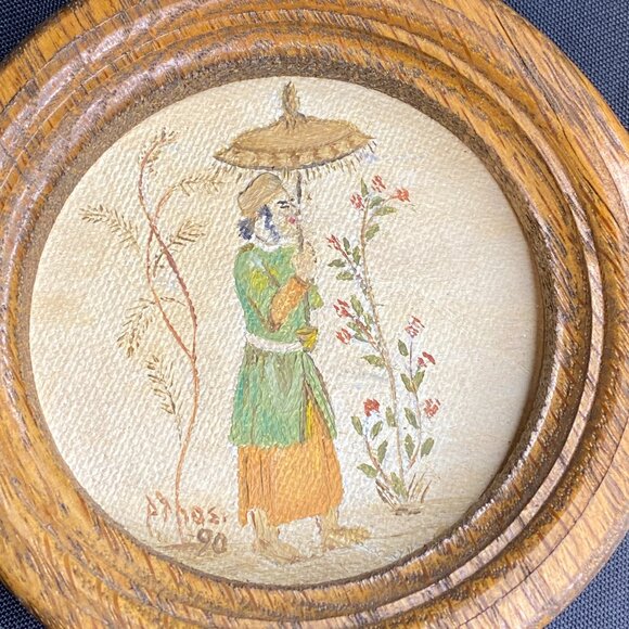1990 Signed Hand Painted Mini Acrylic Persian Style Painting in Round Oak Frames - Picture 5 of 8